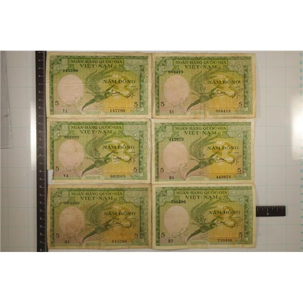 6-VIETNAM BILLS: ALL 5 DONG, ONE MISSING A CORNER