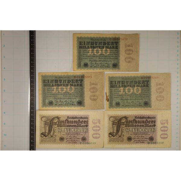 5-1923 GERMAN BILLS: 3-100 MARK AND 2-500 MARK