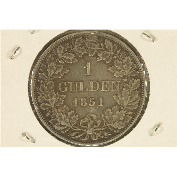 1851 GERMAN BAVARIA SILVER 1 GULDEN .3067 OZ. ASW