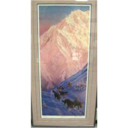 Framed and matted, signed and numbered print by Charles Gause of dog team, 1040/1049, 9.5"x39.25" (2