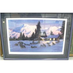Framed and matted, signed and numbered print "A Welcome Rest - Iditarod Trail" 1040/1049, 37.25"x26.