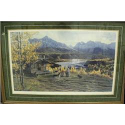 Framed and matted, signed and numbered print by Charles Gause of man, dogs and cabin, 1040/1049, 47"