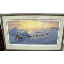 Framed and matted, signed and numbered print by Charles Gause of sled dog teams, 1039/1049, 45.5"x28
