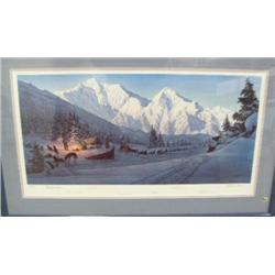 Framed and matted, signed and numbered print by Charles Gause of dog sled camp, 1040/1049, 39.25"x24