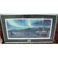 Framed and matted, signed and numbered print by Charles Gause of sled dog team and northern lights, 