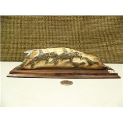 Mammoth ivory relief carved, Tlingit style of 2 killer whales and 2 seals 9" long #M033