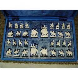 Outstanding ivory chess set carved with elephants, camels, horses and warriors, pre ban elephant ivo