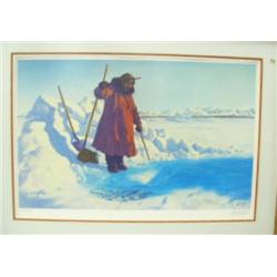 Double matted and framed print 835/950 by Fred Machetanz "Winter Harvest", done in 1981  (3)