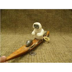 CHOICE on 2 kayakers: 16" kayak carved form cotton wood bark, soapstone hunter with baleen spear (3)