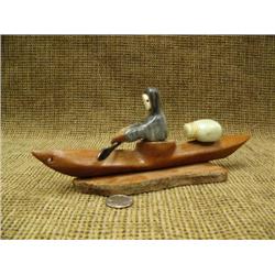 CHOICE on 2 kayakers: 10" cotton wood bark kayaker with baleen paddle, spear and, kayaker of soapsto