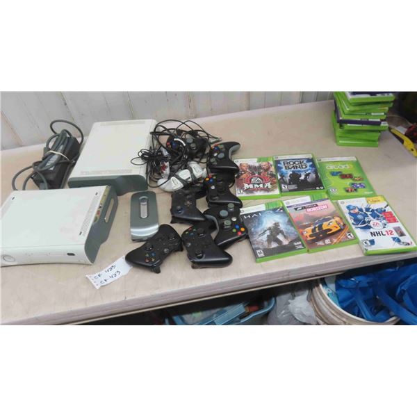 2 XBOX Consoles, 1 Power Source, Many Controllers, 6 Games 