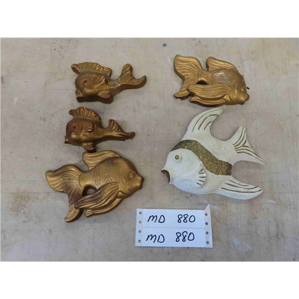 Chalkware 5 Fish Largest is 6'' x 6'' - 1 Fish Has Chip on Fin, See