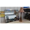 Image 1 : Vintage Mirror 30'' x 24'' , Table Lamp with Wood Base and Fabric Shade 27'' T 