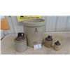 Image 1 : 5 Gallon Medalta Stoneware Crock , 3 Small Stoneware Jugs