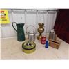 Image 1 : Brass Oil Lamp , Butter Press , Bromo-Seltzer Cobalt Bottle, Pitcher &