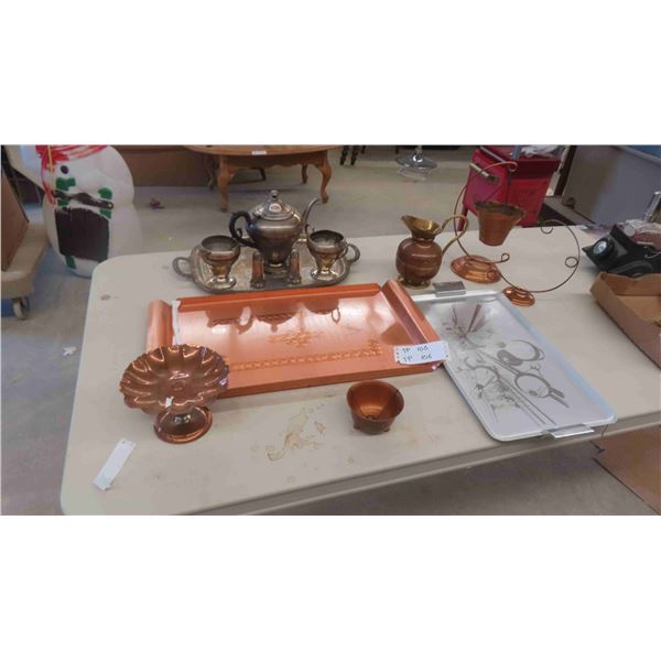 Silverware and Copperware: Tea Set, Planter, Dish, Pitcher, Trays, Plus