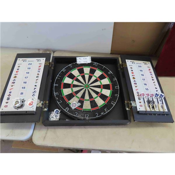 Dart Board Mounted in Case with Darts and Score Board 