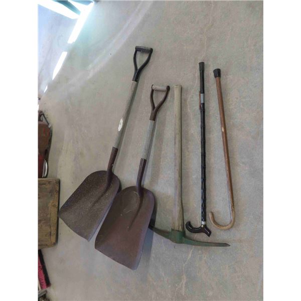 Yard Tools : 2 Scoop Shovels , Axe , 2 Wood Canes 