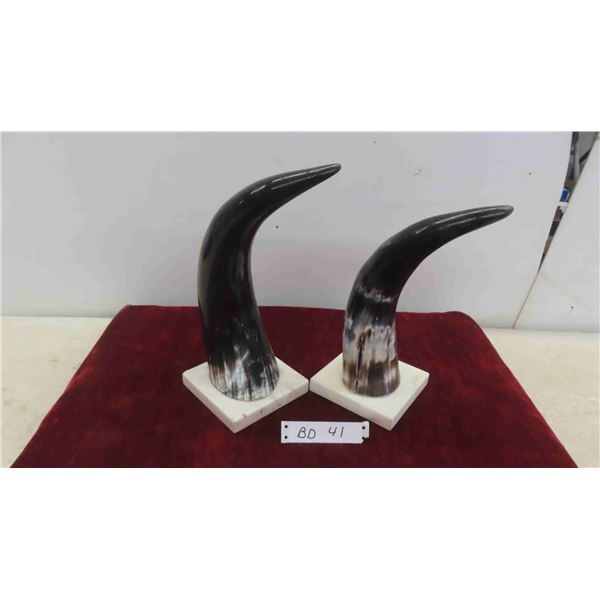 Vintage Pair of Authentic Bull Horn Book Ends on Marble Base - Both 