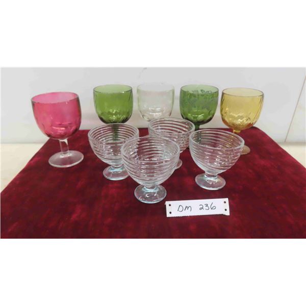 5 Colored Glass Glasses, 4 Dessert Bowls Ribbed Swirl 