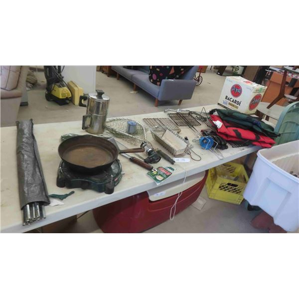 Coleman Portable Camp Stove , Cast Iron Fry Pan , Coffee