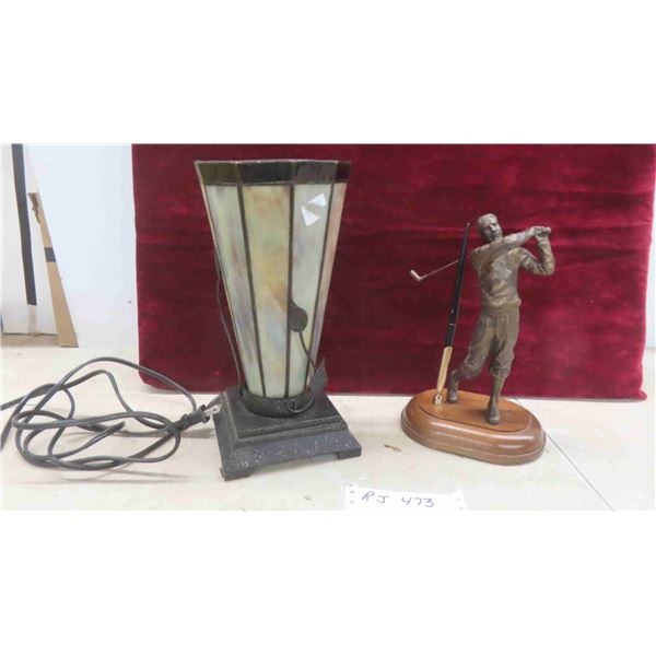 Brass Golfer Pen Set 10'' H , Lamp with Pearl Style Finish Shade