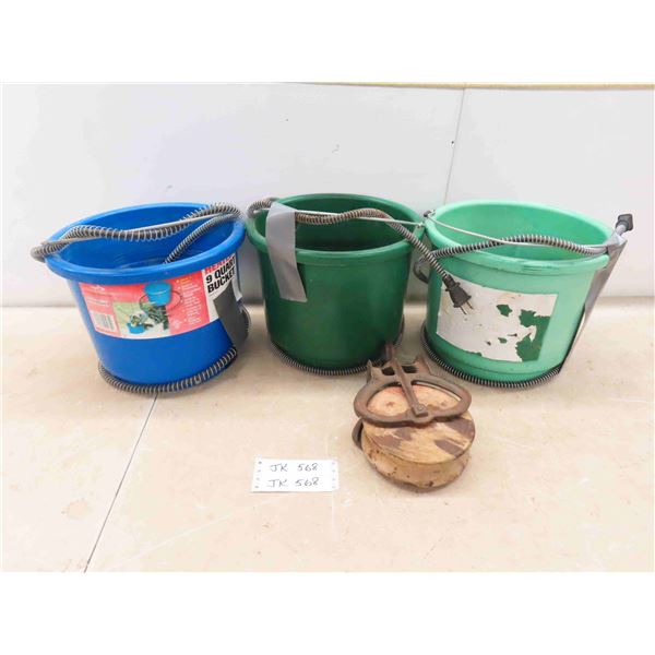 3 Heated Pails , Vintage Ship Pulley
