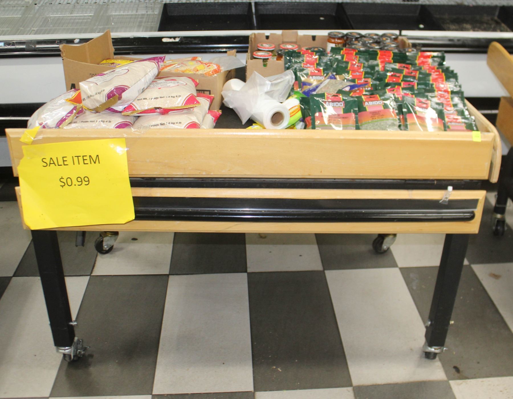 ROLLING DISPLAY TABLE WITH CONTENTS, SOME PRODUCT