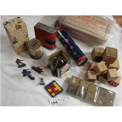 Old toys, metal banks, blocks.