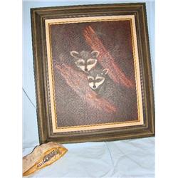 Oil on canvas, & petrified wood raccoon