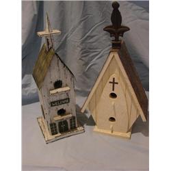 2 wooden church birdhouses