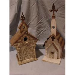 2 wood church birdhouses