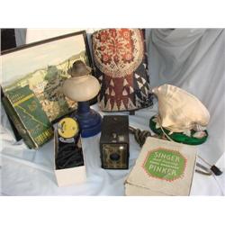 Oil lamp, Brownie Jr, camera, misc.