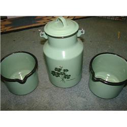 3 pieces of green enamelware