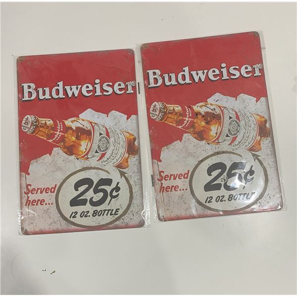 2 PCS VINTAGE RETO BUDWEISER BUD BEER LAGER INSPIRED PUB BAR ALUMINIUM METAL TIN WALL DÉCOR SIGN