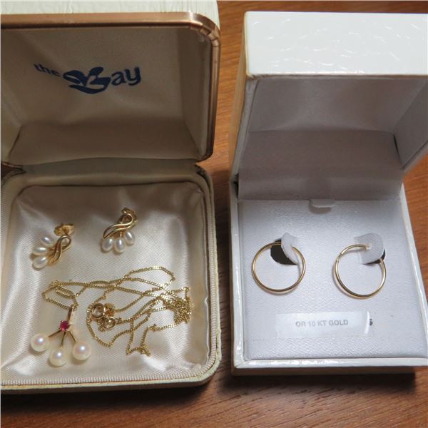 14K Yellow Gold pendant, chain and earrings with a 10K Yellow Gold pair of hoop earrings.