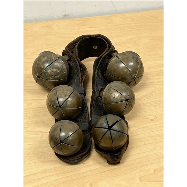 Antique Brass Sleigh Bells / Horse Harness Bells on leather Strap - nice - 24" - see photos