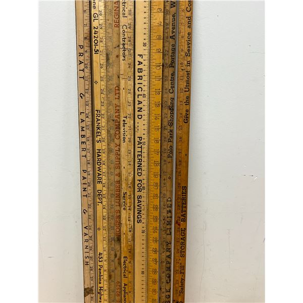 Lot of 8 Vintage Wooden Yard Sticks with Advertising - see all photos