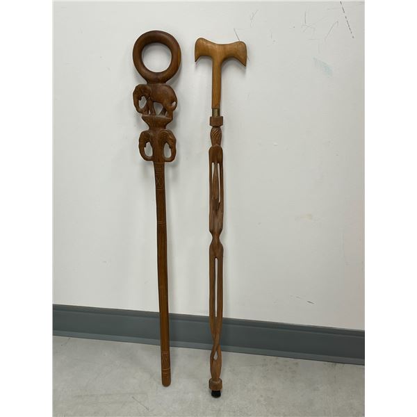 2 Wooden Carved Figural Walking Sticks / Canes - 35.5 & 34.5"