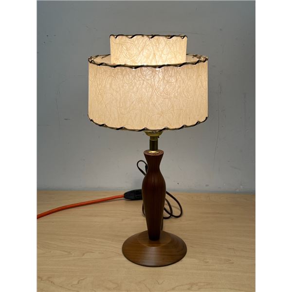 Mid Century Wooden Table Lamp With Fiberglass shade - smaller Approx: 16"T 8"W - works
