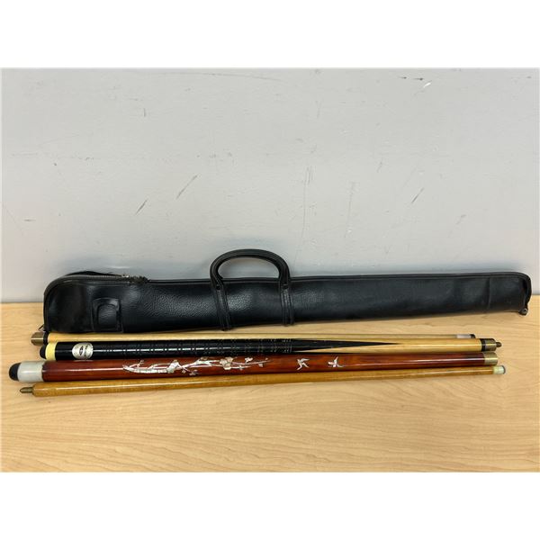 2 Pool Cues (one has detailed Inlay) & One soft Case - see all photos