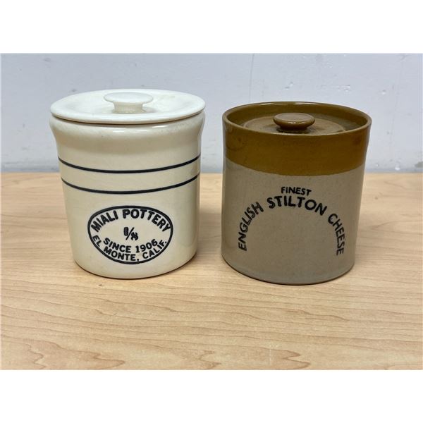 2 Mini Crock Canister / Storage Jars - tallest 4.25"