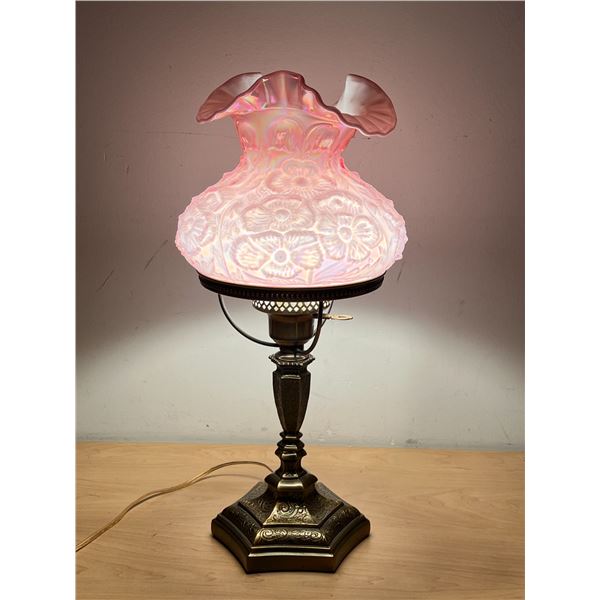 Nicely Embossed Glass (Fenton?) Shade On Brass Lamp - Works - Approx: 19"T 9"W