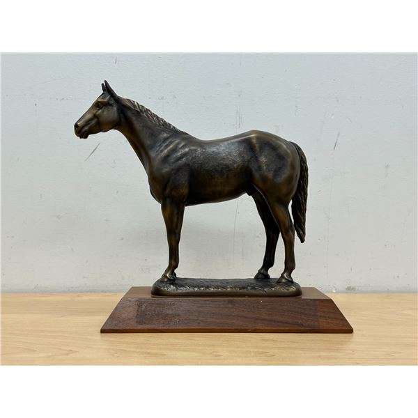 Nice Artist Signed Metal Horse Statue on Wood Base - about 10.25x4.5" & 10.5"T
