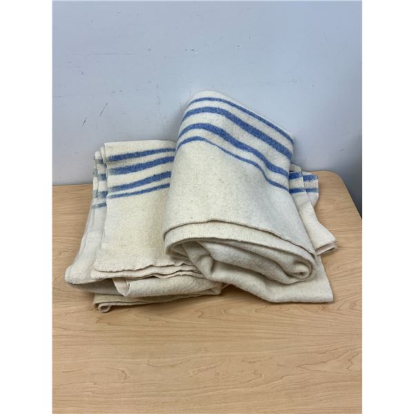 2 Blue Striped Wool Blankets - good condition - Approx: 80x62"