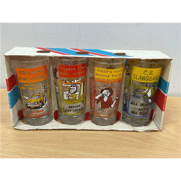 4 Vintage CB Trucker Jargon Lingo Drinking Glasses - New old Stock 5.5" tall