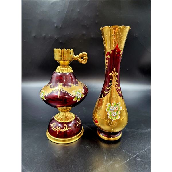 Vintage Ruby Red Glass Hand Painted Lamp & Vase