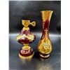Image 1 : Vintage Ruby Red Glass Hand Painted Lamp & Vase