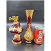 Image 2 : Vintage Ruby Red Glass Hand Painted Lamp & Vase