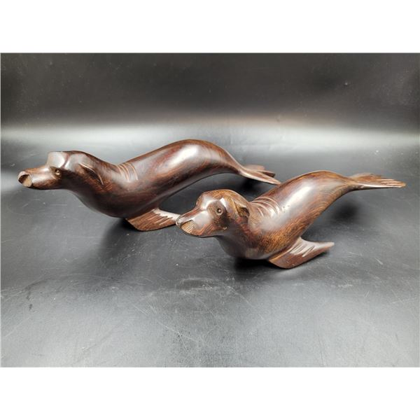 Vintage Ironwood Seal Carving Sea Lion Sculptures